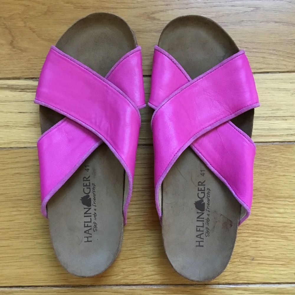 Haflinger Pink Leather Criss Cross Slides Sandals